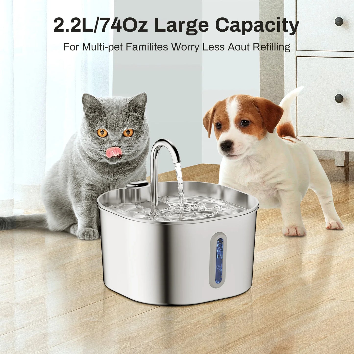 2.2L Stainless Steel Cat Water Fountain with Filter – Quiet Pet Dispenser